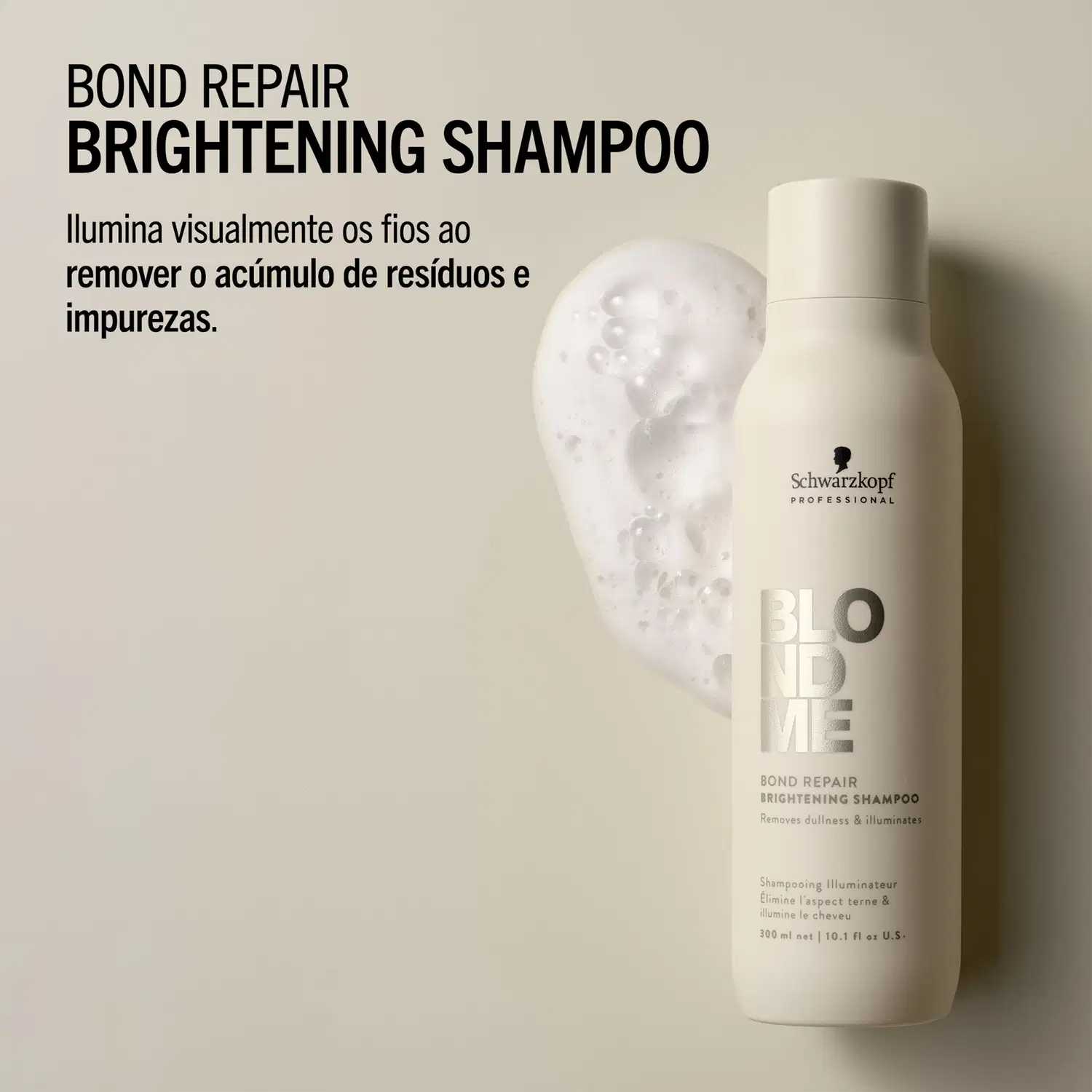 Bond repair brightening shampoo. Ilumina visualmente os fios ao remover o acúmulo de resíduos e impurezas.