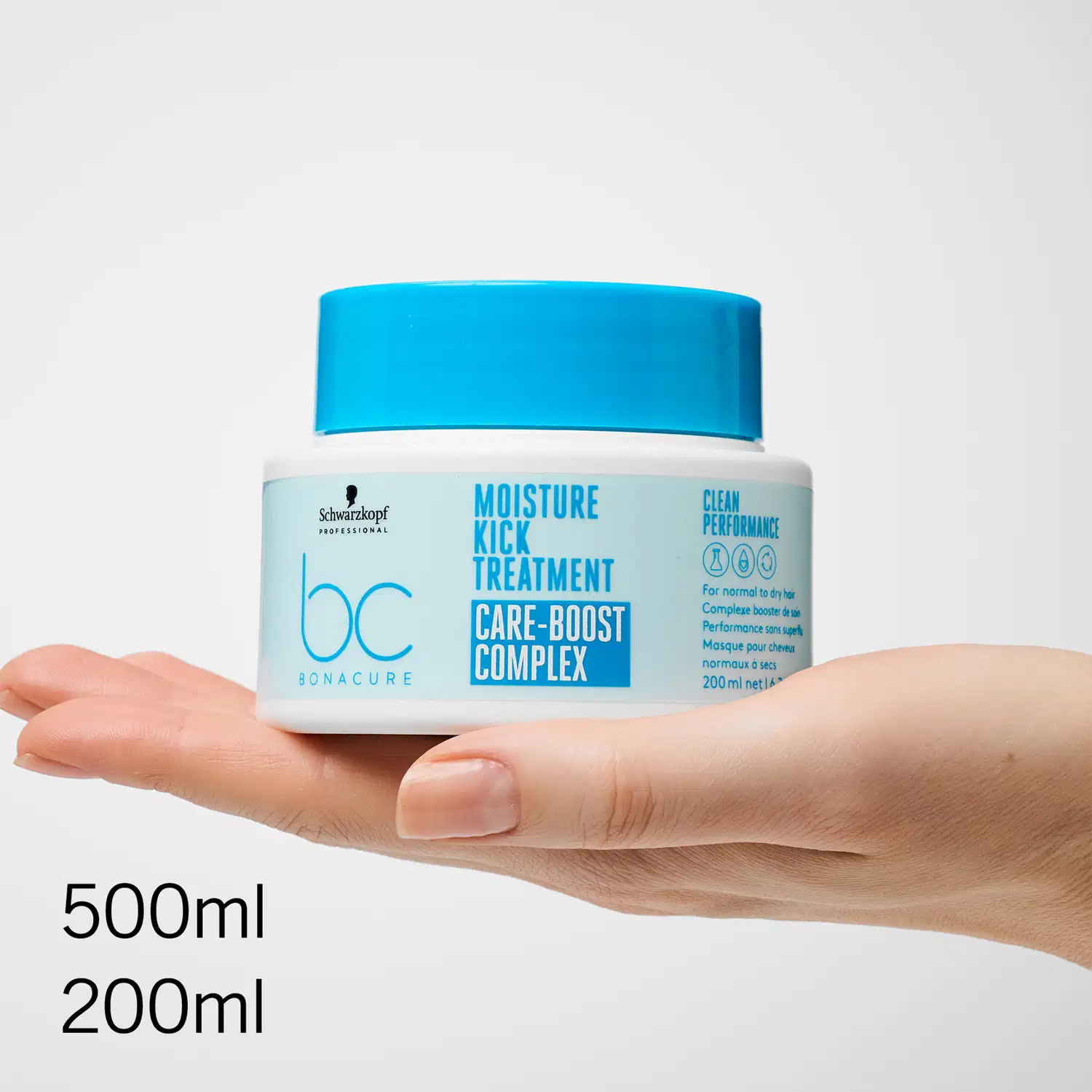 Frasco de tratamento para cabelos da linha Bonacure da Schwarzkopf Professional, com 500ml ou 200ml de capacidade, em embalagem branca e azul com rótulo indicando "Moisture Kick Treatment Care-Boost Complex".