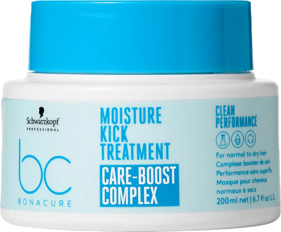 Máscara de hidratação de 200ml da linha Bonacure Moisture Kick da Schwarzkopf Professional, com tampa azul e rótulo branco destacando o nome "Moisture Kick Treatment" e "Care-Boost Complex".