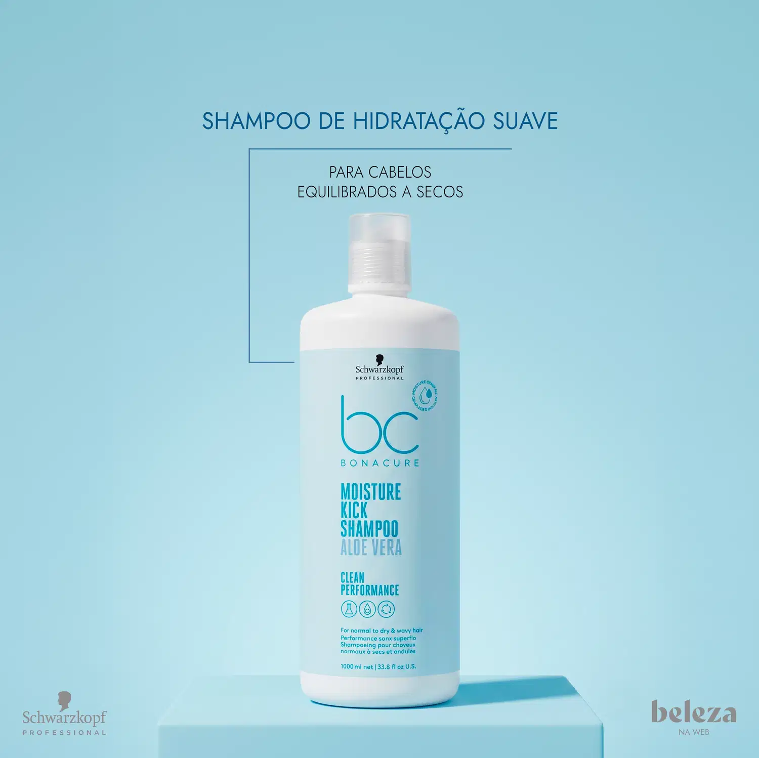 Frasco branco de shampoo da marca Schwarzkopf Professional, com rótulo azul claro contendo o texto "Moisture Kick Shampoo Aloe Vera" e informações sobre o produto para cabelos equilibrados e secos.