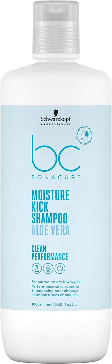 Frasco branco e azul claro da linha Bonacure da Schwarzkopf Professional, contendo Moisture Kick Shampoo com Aloe Vera, de 1 Litro
