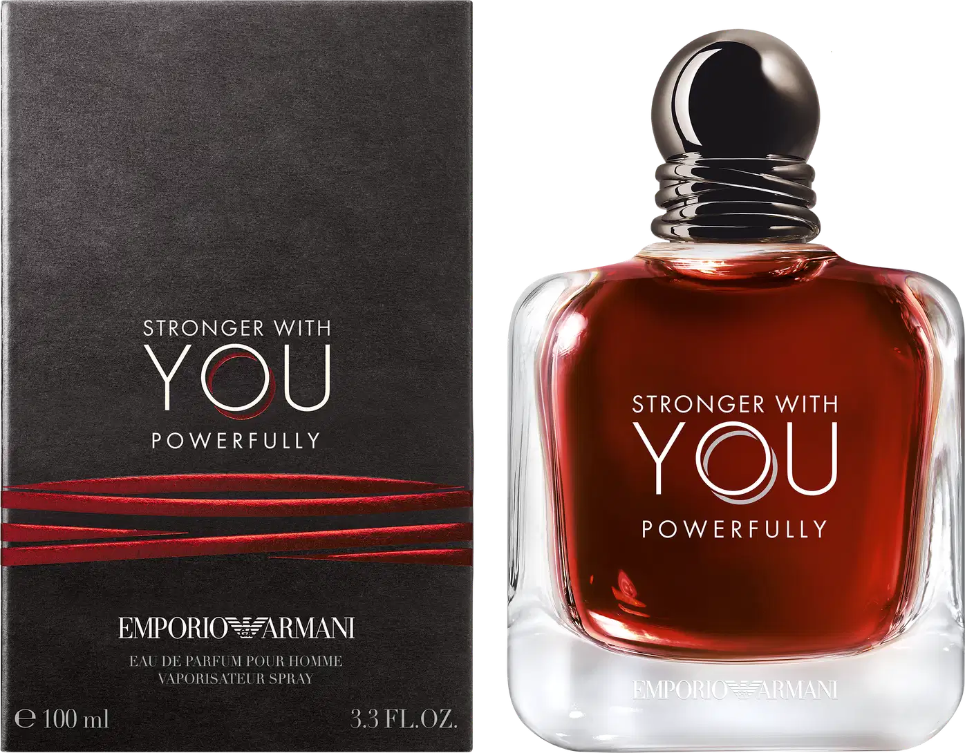 Frasco  e caixa do perfume com formato esférico e tampa prateada. O líquido vermelho exibe o texto "STRONGER WITH YOU POWERFULLY" em letras brancas. O produto é apresentado em fundo preto, destacando sua aparência elegante e sofisticada.