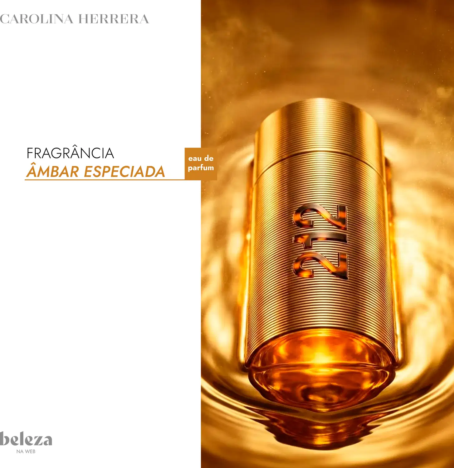 Frasco dourado de item de perfumaria da marca Carolina Herrera com a fragrância "Ambar Especiada" em destaque.