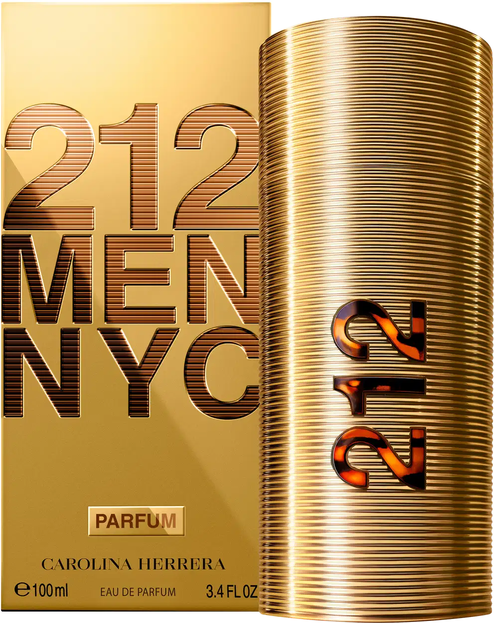 Frasco de perfume dourado da marca Carolina Herrera, com rótulo em dourado destacando o nome "212 MEN NYC" e o volume de 100ml. A embalagem possui um design elegante e sofisticado, com linhas e texturas que remetem a um estilo moderno e urbano.