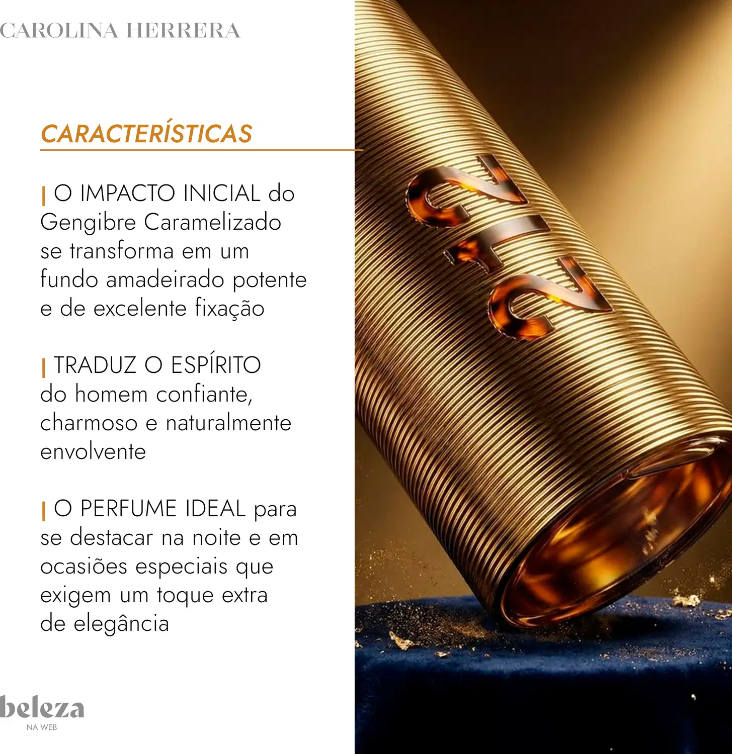Frasco de item de perfumaria da marca Carolina Herrera com fundo dourado e textura ondulada, exibindo informações sobre as características do produto.