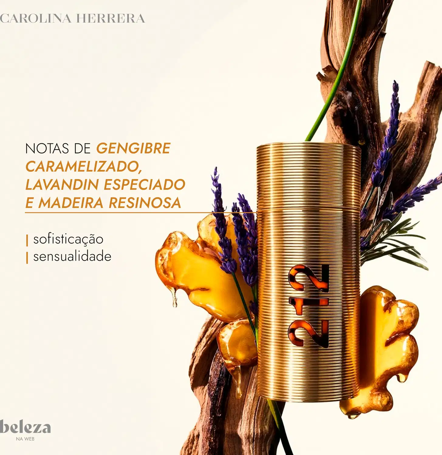 Embalagem dourada com texto "NOTAS DE GENGIBRE CARAMELIZADO, LAVANDIN ESPECIADO E MADEIRA RESINOSA" e logotipo da marca Carolina Herrera, com flores de lavanda e gotas de mel.