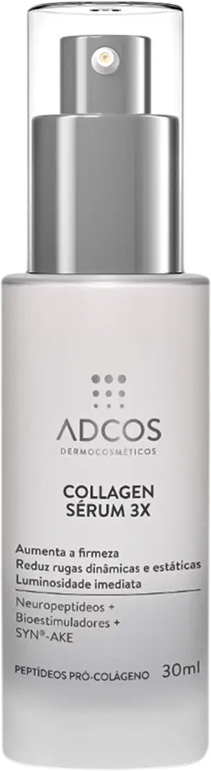 Frasco de sérum de colágeno 3X da marca Adcos, com embalagem branca e prata, contendo 30ml do produto. O rótulo destaca os benefícios, como aumento da firmeza, redução de rugas e luminosidade imediata.