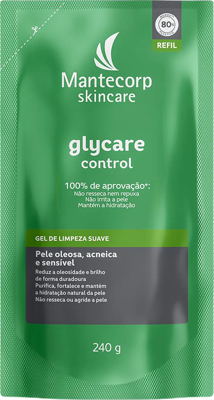 Refil de gel de limpeza suave Mantecorp Glycare Control 240g em embalagem verde com painel cinza, indicado para pele oleosa, acneica e sensível.