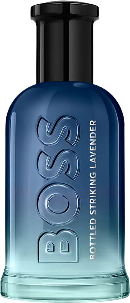 Frasco de item de perfumaria azul escuro com degradê para azul claro. O rótulo exibe o nome da marca "Boss" em letras brancas. O frasco possui formato cilíndrico com tampa preta.