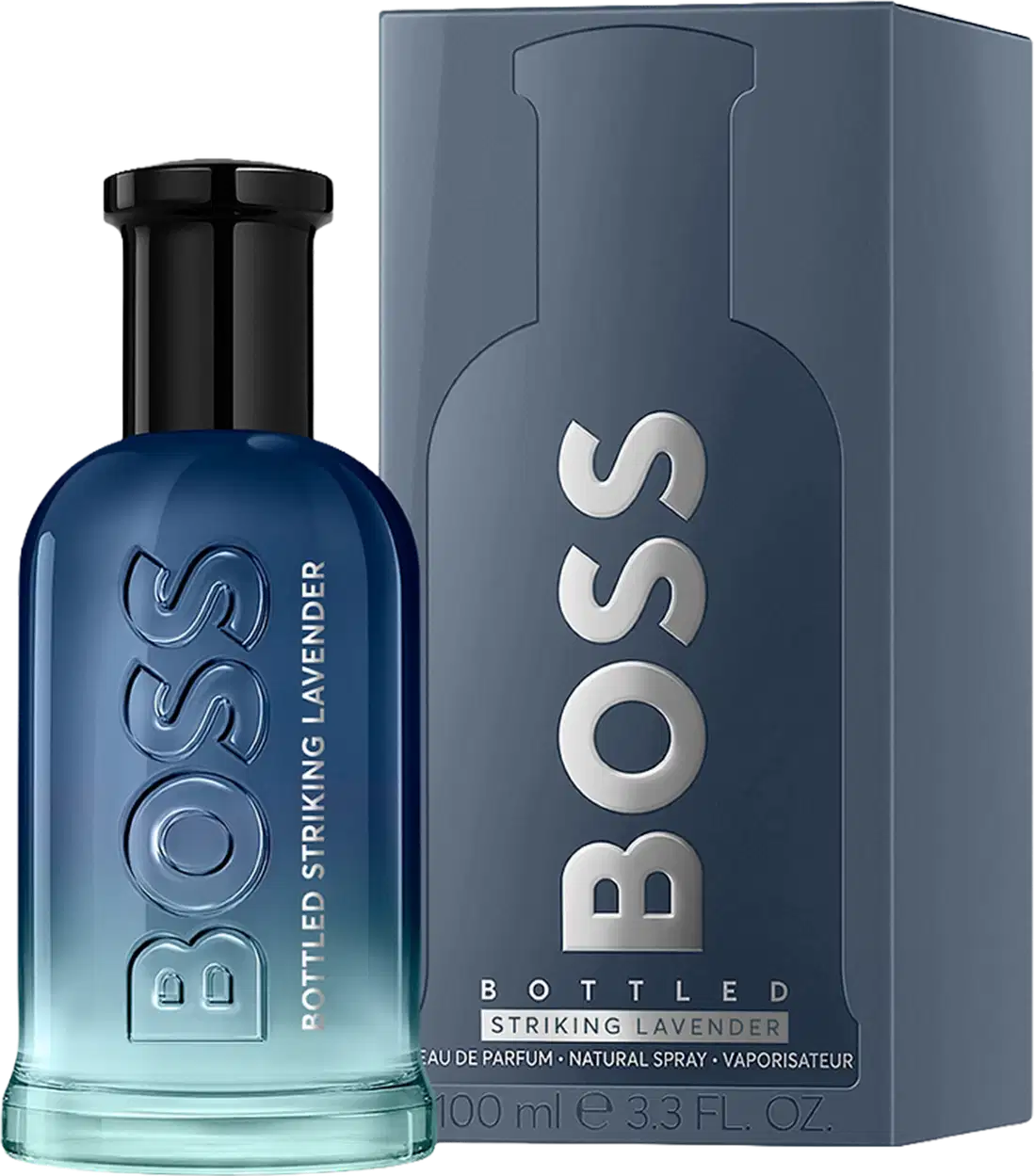 Frasco e caixa de item de perfumaria azul escuro com degradê para azul claro. O rótulo exibe o nome da marca "Boss" em letras brancas. O frasco possui formato cilíndrico com tampa preta.