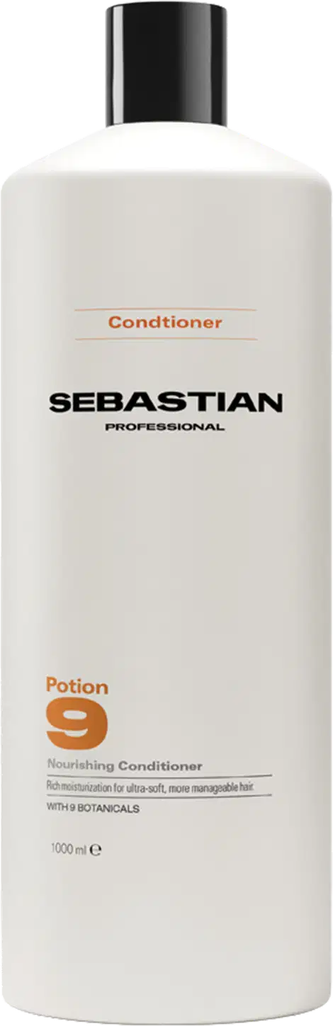 Frasco branco com rótulo preto da marca Sebastian Professional, contendo condicionador da linha Potion 9 para cabelos nutridos e maleáveis.