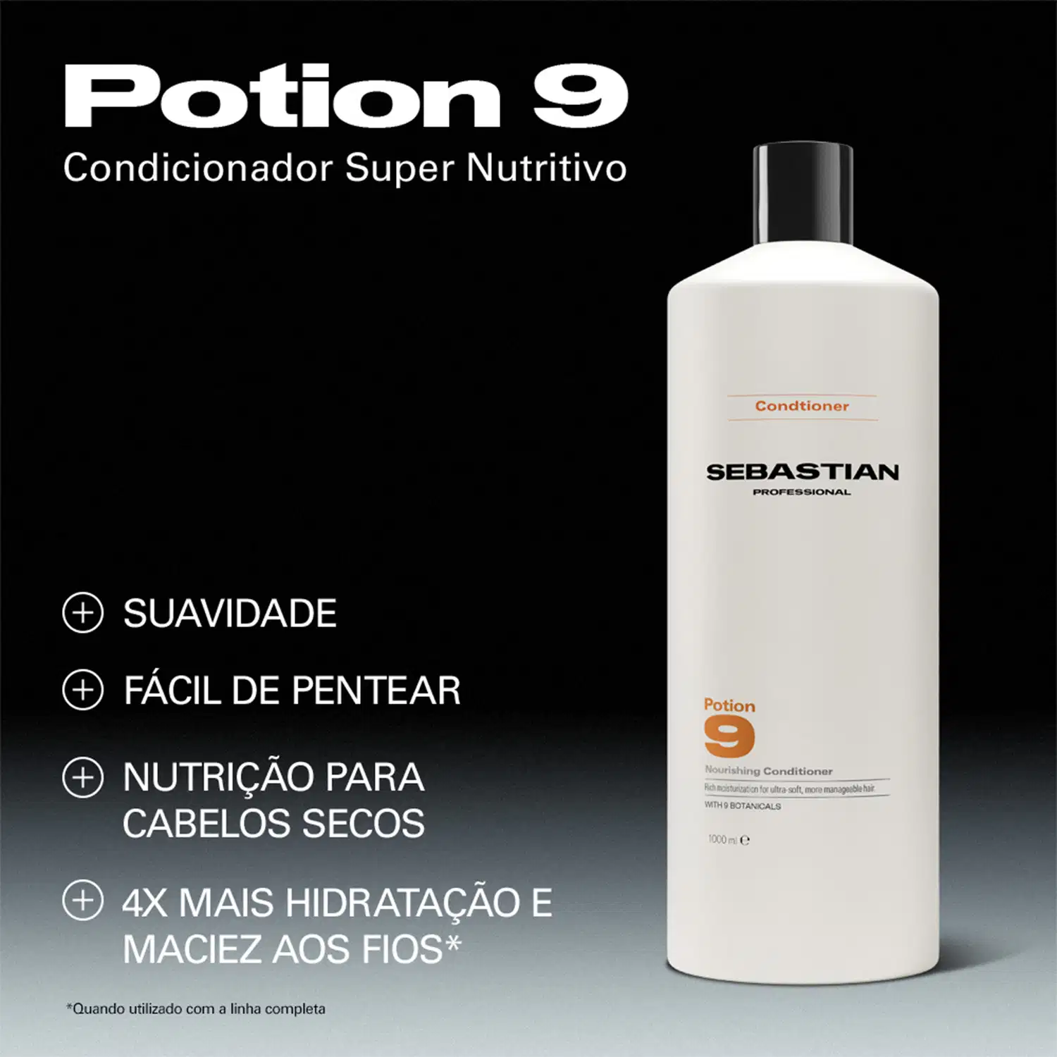  Sebastian Professional, com texto "Potion 9 Condicionador Super Nutritivo" e informações sobre benefícios do produto para cabelos secos.