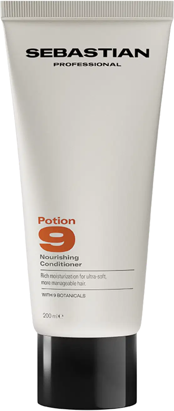 Frasco branco com rótulo preto da marca Sebastian Professional, contendo condicionador da linha Potion 9 para cabelos nutridos e maleáveis.