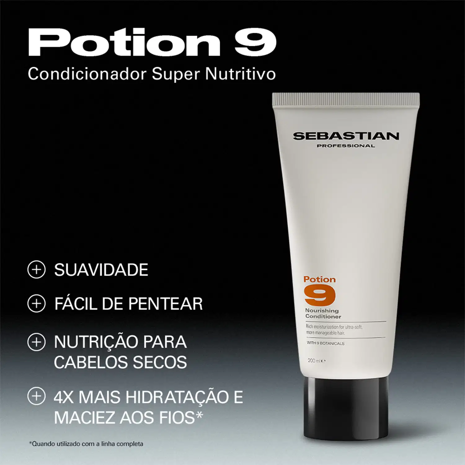  Sebastian Professional, com texto "Potion 9 Condicionador Super Nutritivo" e informações sobre benefícios do produto para cabelos secos.