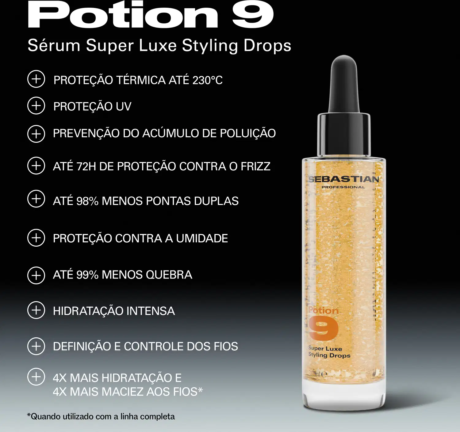 Frasco de vidro com conta-gotas contendo sérum para cabelos da marca Sebastian Professional, com texto "Potion 9 Sérum Super Luxe Styling Drops" e lista de benefícios como proteção térmica, UV, prevenção de poluição e frizz.