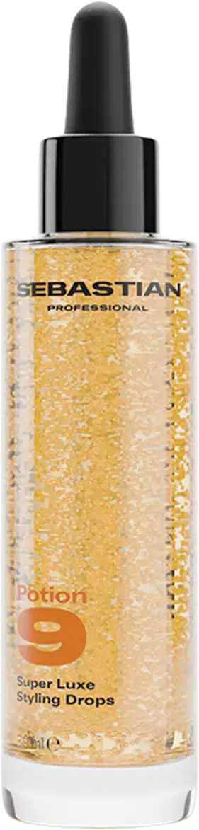 Frasco conta-gotas de Sebastian Professional, com líquido dourado brilhante e rótulo preto com texto em amarelo.
