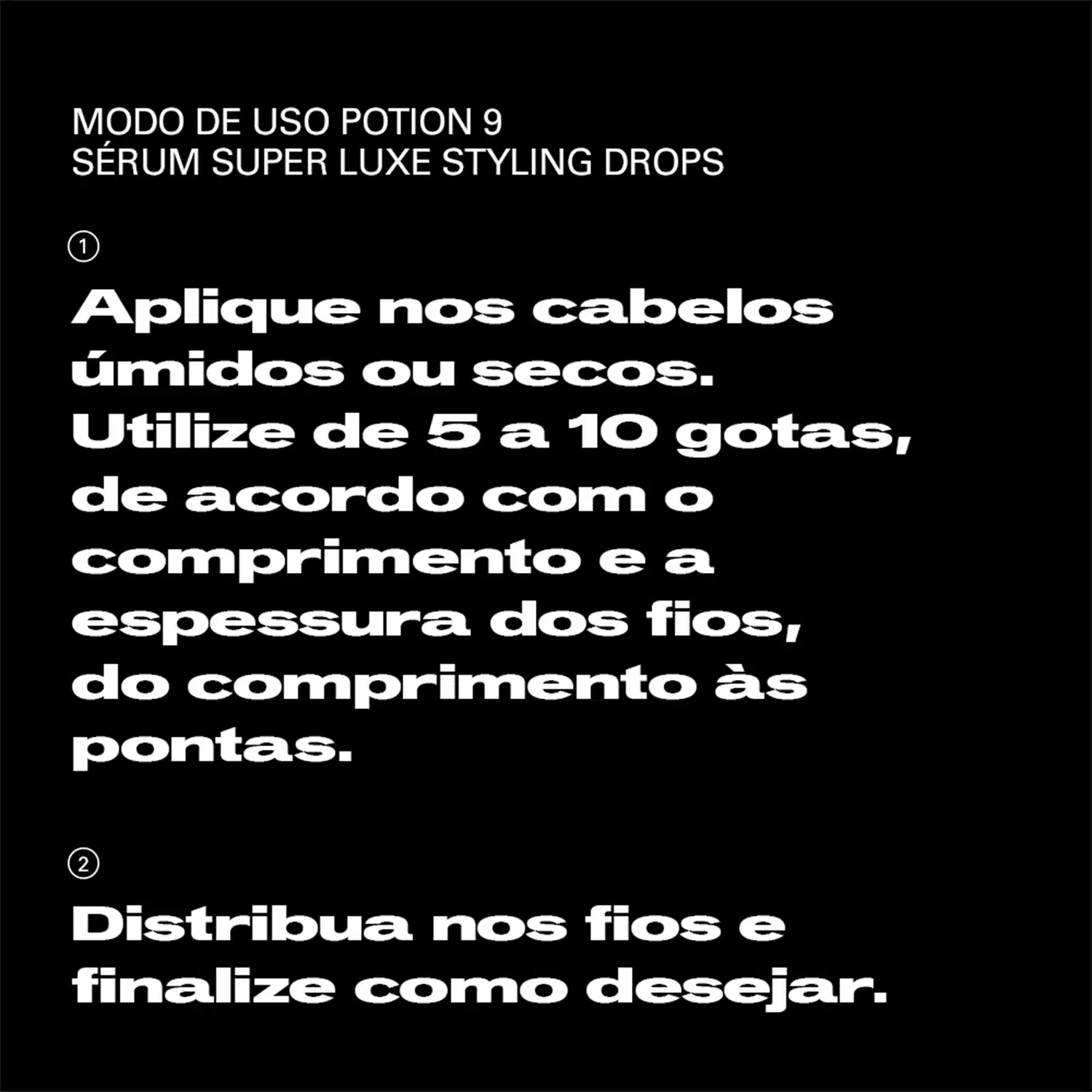 Modo de uso de sérum para cabelos da marca Sebastian Professional, com instruções sobre aplicação e quantidade de gotas a serem utilizadas.