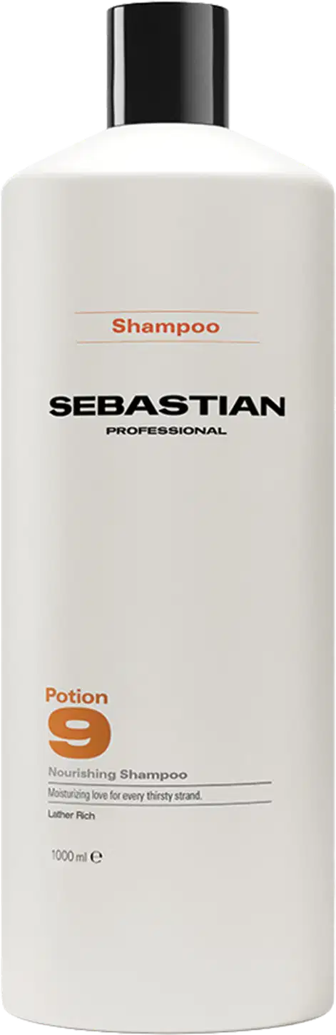 Frasco branco com rótulo preto da marca Sebastian Professional, contendo shampoo da linha Potion 9 para cabelos nutridos.