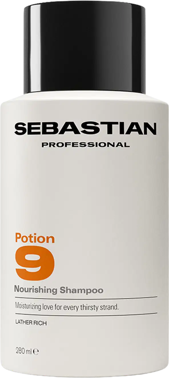 Frasco branco com rótulo preto da marca Sebastian Professional, contendo shampoo da linha Potion 9 para cabelos nutridos.