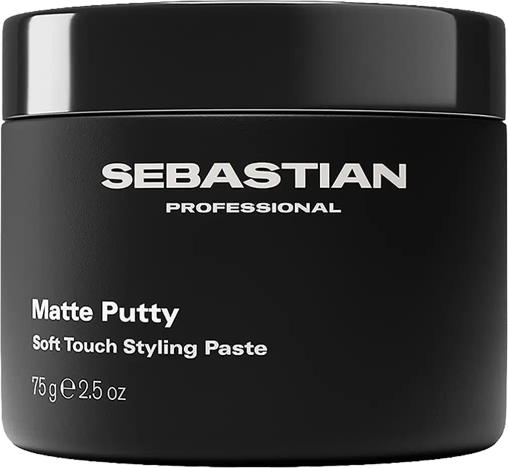 Pote preto de pasta modeladora da marca Sebastian Professional, com texto branco "Matte Putty Soft Touch Styling Paste" em rótulo.