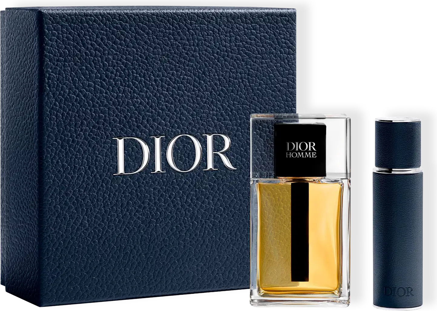 Caixa preta com logotipo Dior em relevo, contendo um frasco de perfume Dior Homme com tampa preta e um frasco de desodorante Dior Homme em fundo preto.