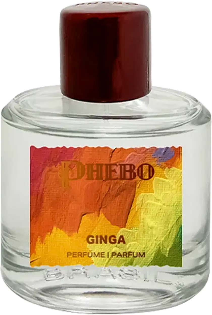 Frasco de item de perfumaria da marca Phebo, com rótulo em fundo colorido com pinceladas de verde, laranja e amarelo, contendo a palavra "Ginga" em destaque.