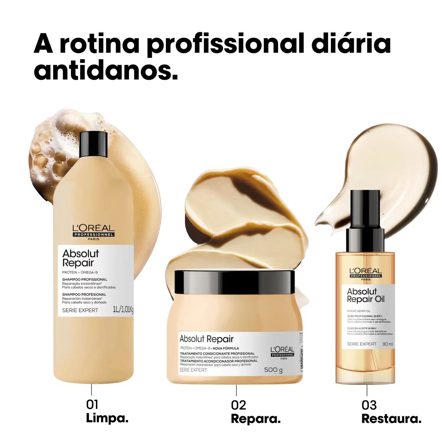 Três produtos da linha Absolut Repair da L'Oréal Professionnel: shampoo, tratamento condicionante e óleo capilar, com embalagens em tons dourados e pretos.