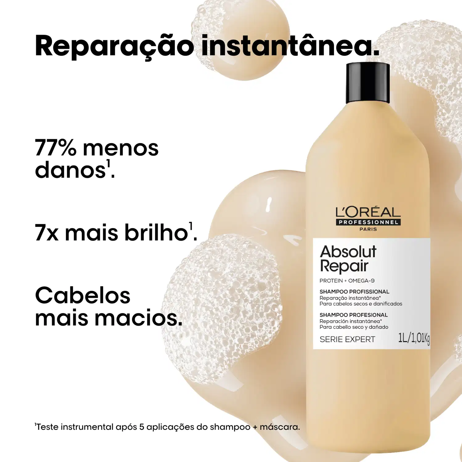 Embalagem de item de perfumaria da marca L'Oréal Professionnel, com texto "Absolut Repair" e "Shampoo Profissional" visíveis, contendo informações sobre reparação instantânea e brilho para cabelos secos e danificados.
