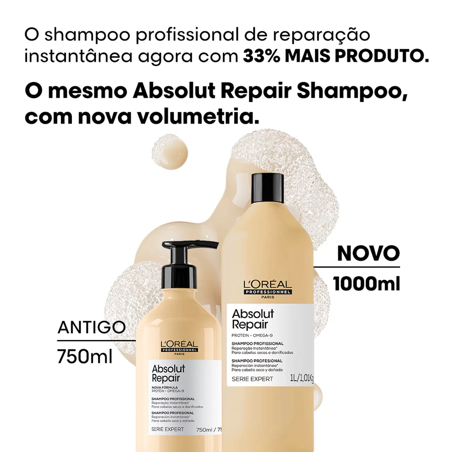 Embalagem de shampoo profissional de reparação instantânea da marca L'Oréal Professionnel, com nova fórmula e 33% mais produto, disponível em tamanhos de 750ml e 1000ml.