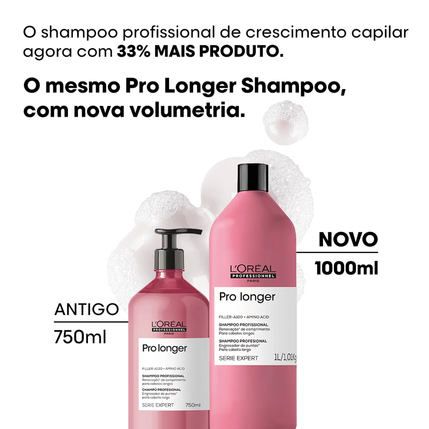 Frasco de shampoo profissional de crescimento capilar da marca L'Oréal Professionnel, com nova volumetria e 33% mais produto, em embalagem rosa com rótulo preto e branco.
