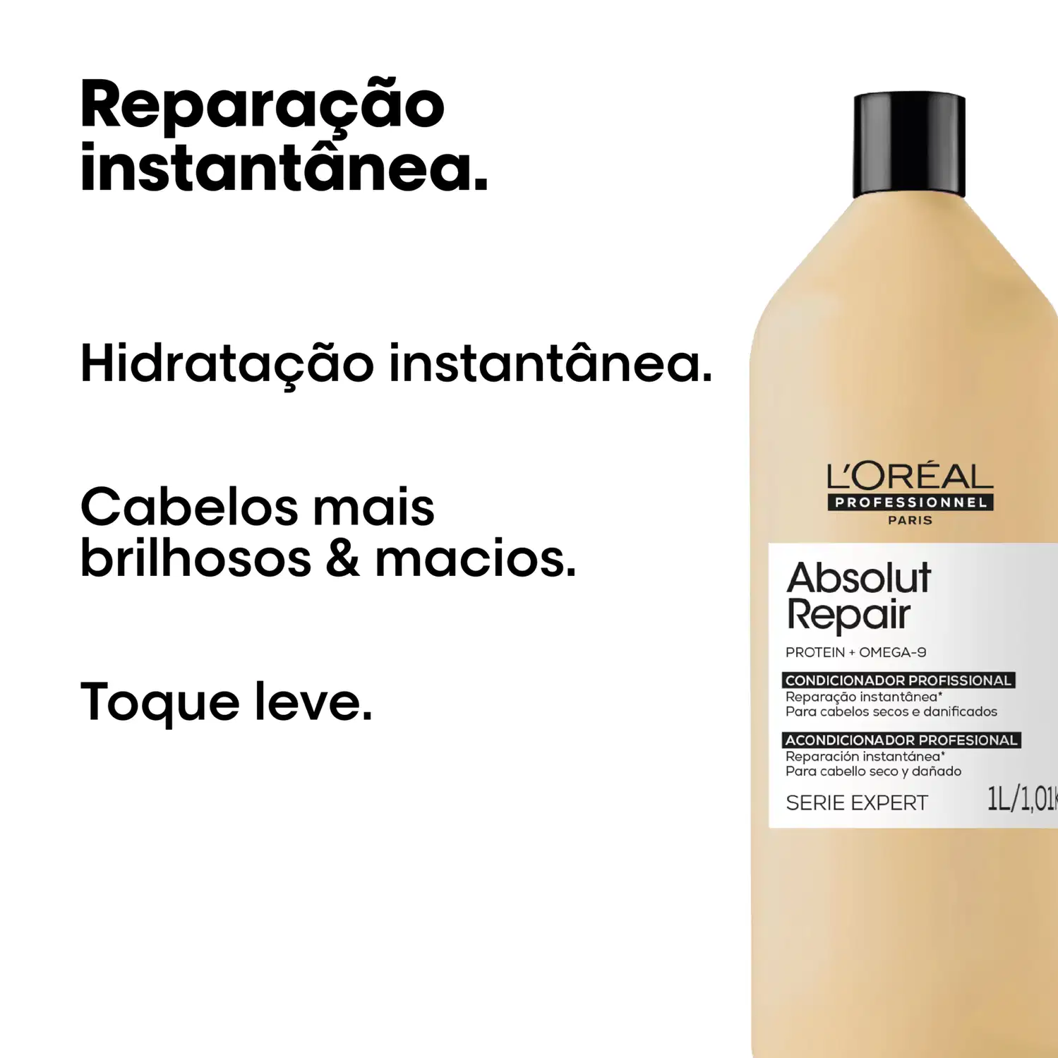 Embalagem da marca L'Oréal Professionnel, com texto "Absolut Repair", "Protein + Omega-9", "Condicionador Profissional Reparação Instantânea" e informações sobre o produto.