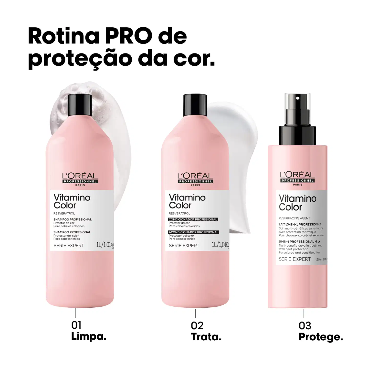 Três produtos da linha Vitamino Color da L'Oréal Professionnel: shampoo, condicionador e agente de resurfacing, com embalagens rosa e textos em português descrevendo os benefícios de proteção da cor para cabelos coloridos.