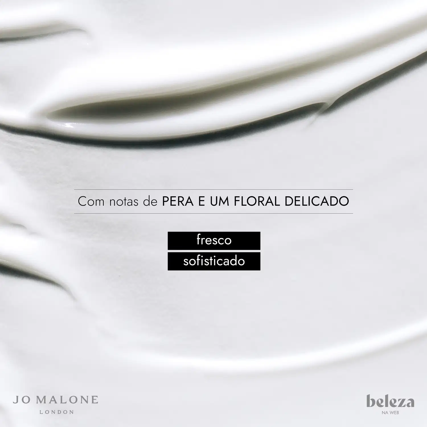 Embalagem de item de perfumaria com notas de pera e floral delicado, com opções de "fresco" e "sofisticado" visíveis.
