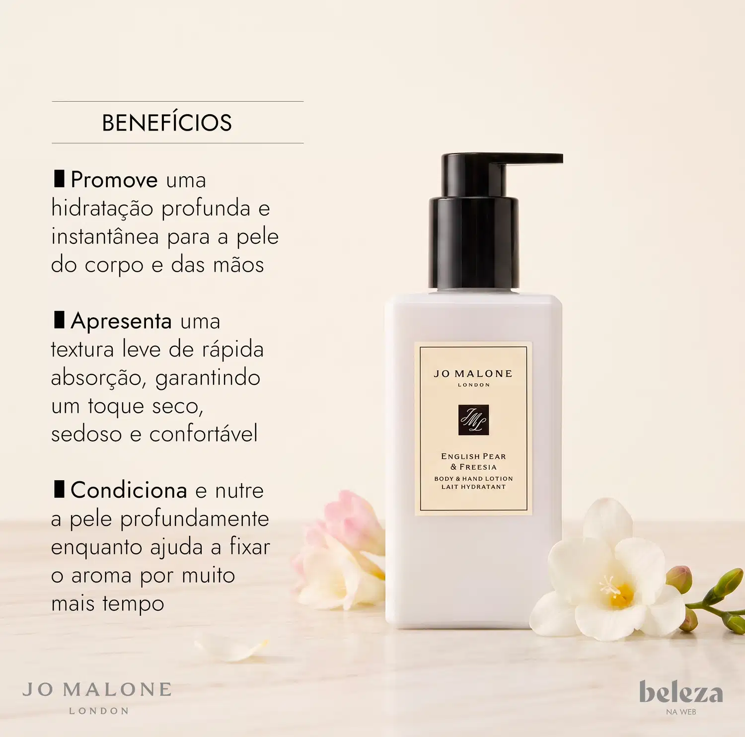 Frasco branco com bomba preta da marca Jo Malone London, contendo item de perfumaria com texto "English Pear & Freesia Body & Hand Lotion" e informações sobre benefícios de hidratação profunda e textura leve de rápida absorção.