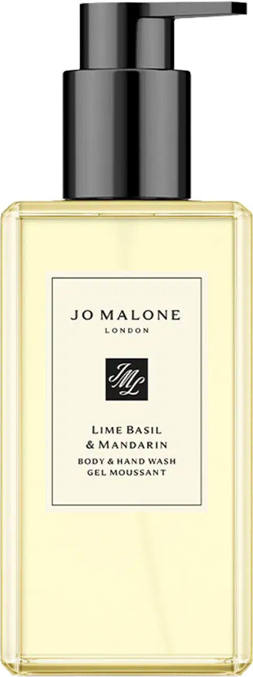 Frasco do Sabonete Líquido Body & Hand Wash Jo Malone London, na fragrância Lime Basil & Mandarin, com embalagem transparente e rótulo com o nome da marca.