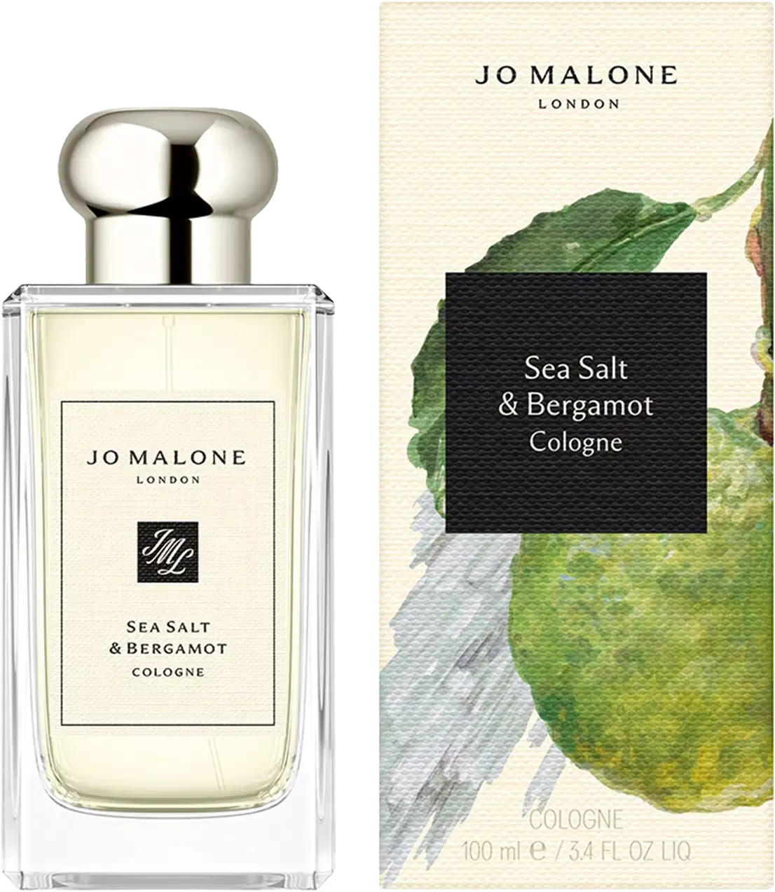 Frasco de perfume Jo Malone London com rótulo "Sea Salt & Bergamot Cologne" com a caixa ao lado. Produto de 100 ml em embalagem retangular com tampa prateada.
