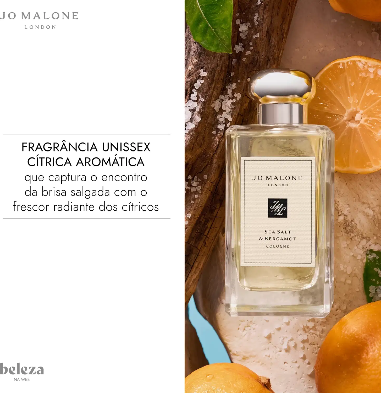 Frasco de item de perfumaria da marca Jo Malone London, com rótulo "Sea Salt & Bergamot Cologne" e elementos decorativos de folhas verdes e fatias de bergamota.