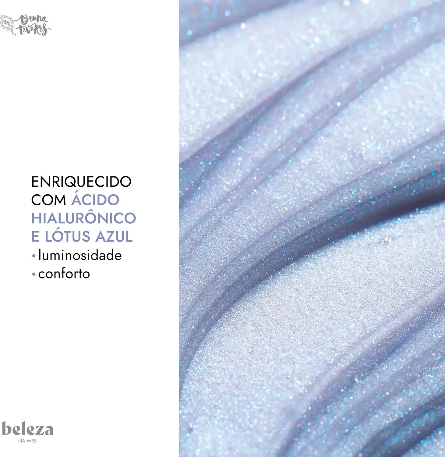 Imagem de fundo azul brilhante com textura de glitter, com texto "Enriquecido com ácido hialurônico e lótus azul" indicando benefícios do produto.