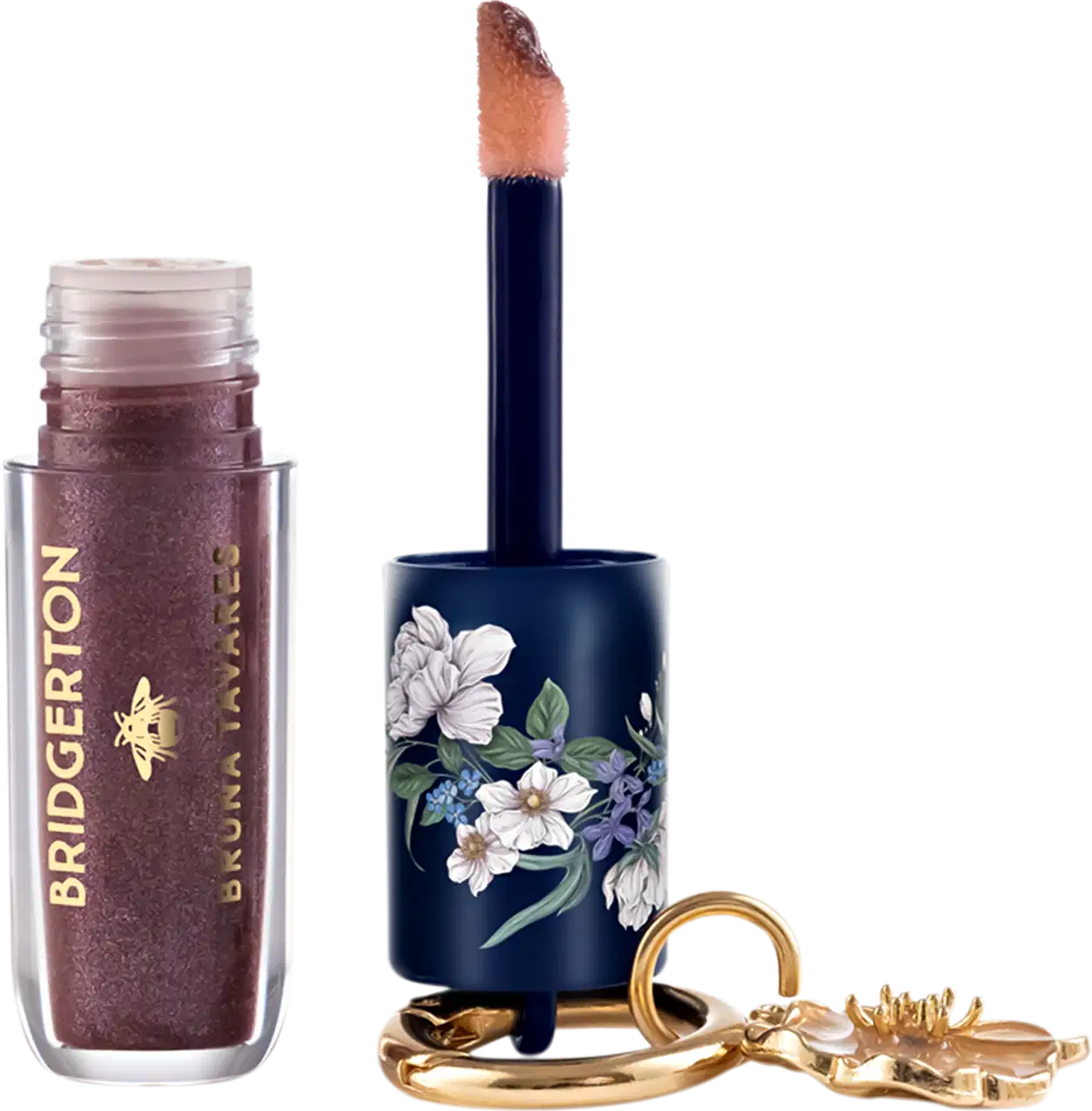 Gloss labial da marca Bruna Tavares, em tom marrom rosado, com detalhes florais em azul e branco na tampa.