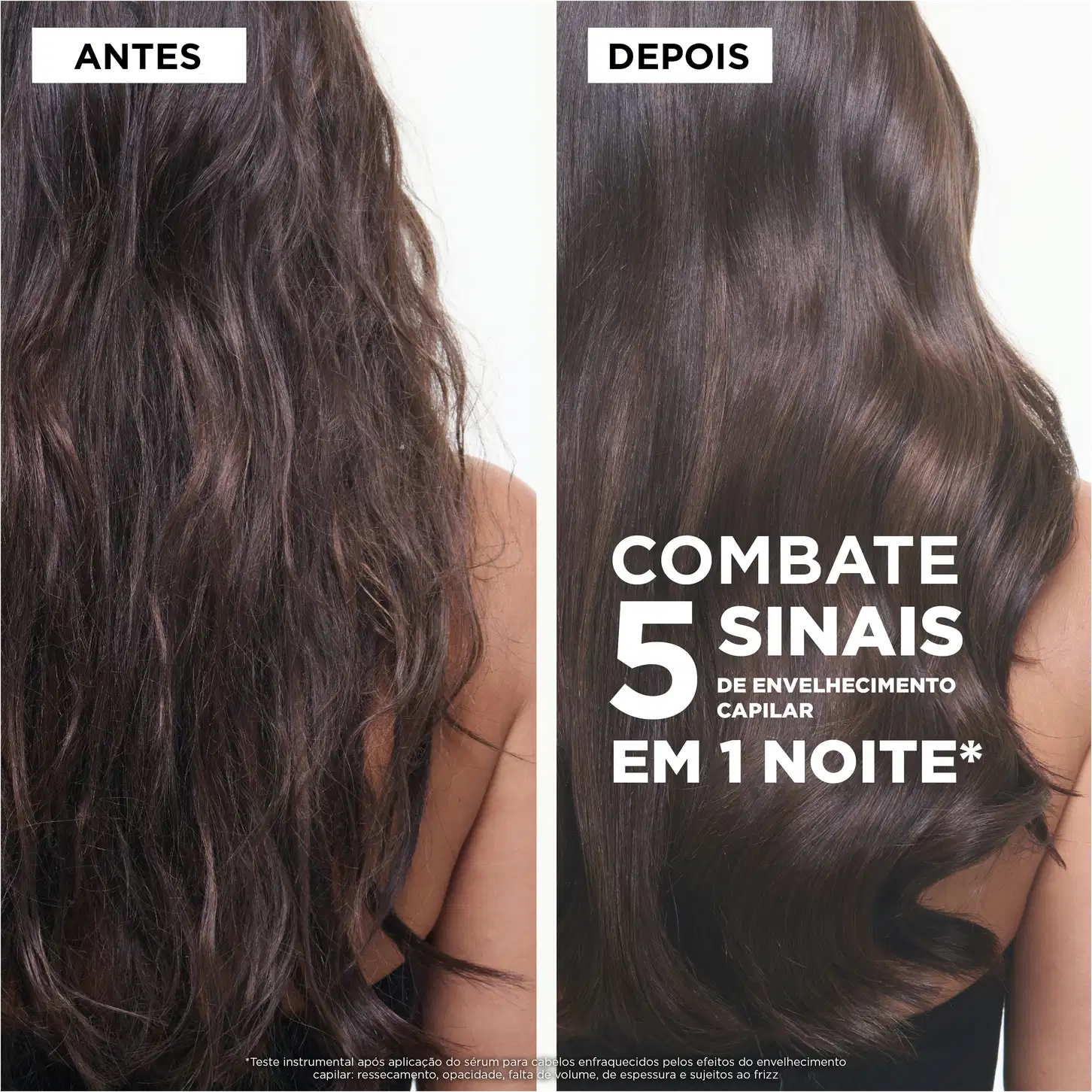 A imagem apresenta um antes e depois do uso de um produto da marca Kérastase para combater 5 sinais de envelhecimento capilar em apenas 1 noite.