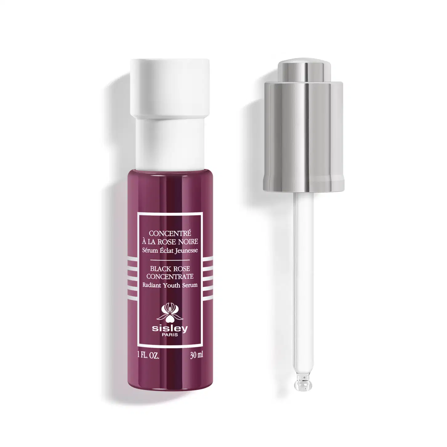 Frasco e aplicado do sérum Sisley Black Rose Concentrate.