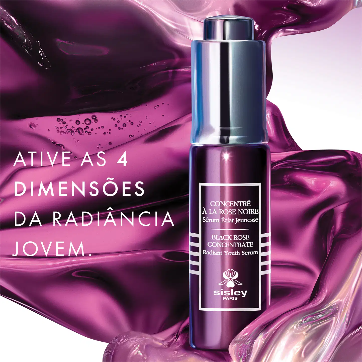 Frasco do sérum Sisley Black Rose Concentrate. Acompanha o texto: Ative as 4 dimensões da radiância jovem.