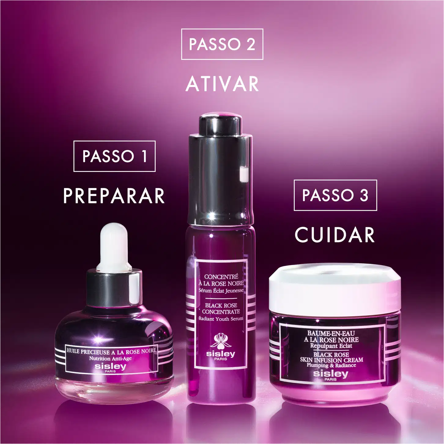 Três itens da marca Sisley em embalagens de vidro e plástico de cores roxas e pretas, incluindo um frasco conta-gotas, um tubo e um pote, com rótulos exibindo o nome da marca e os nomes dos produtos.