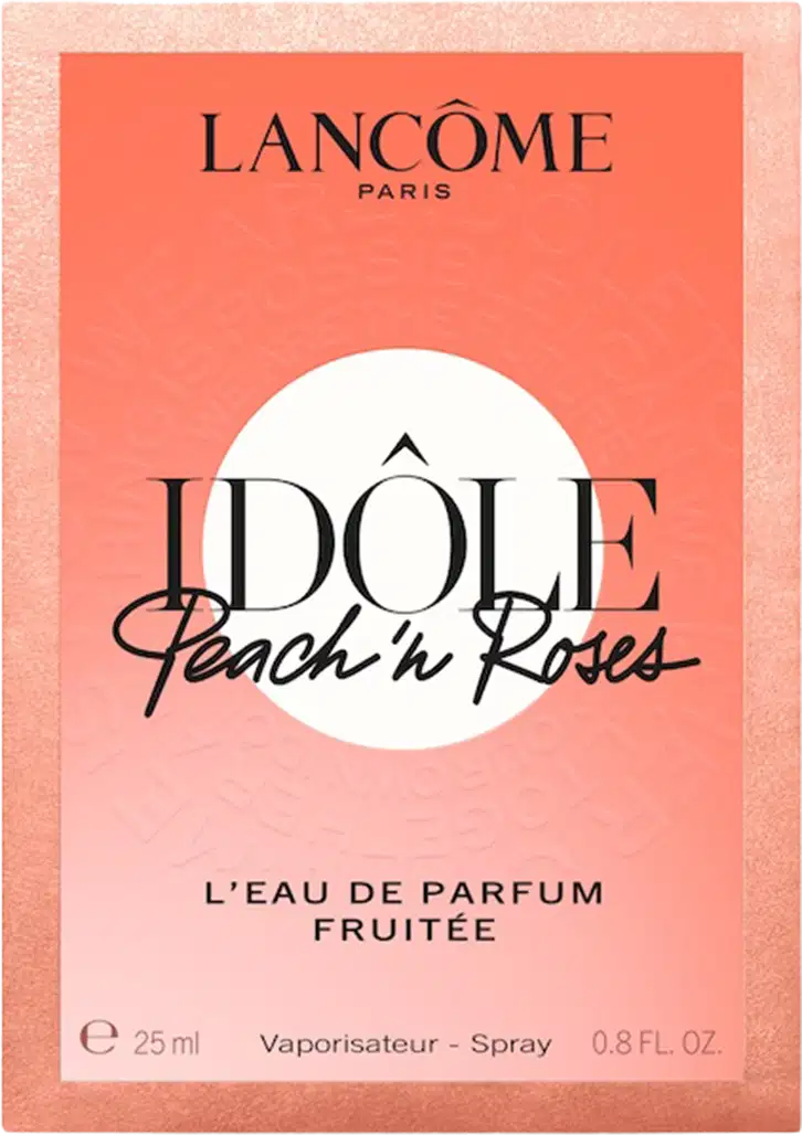 Formato de caixa retangular de cor laranja, com texto "Idole Peach'n Roses" em preto e branco.
