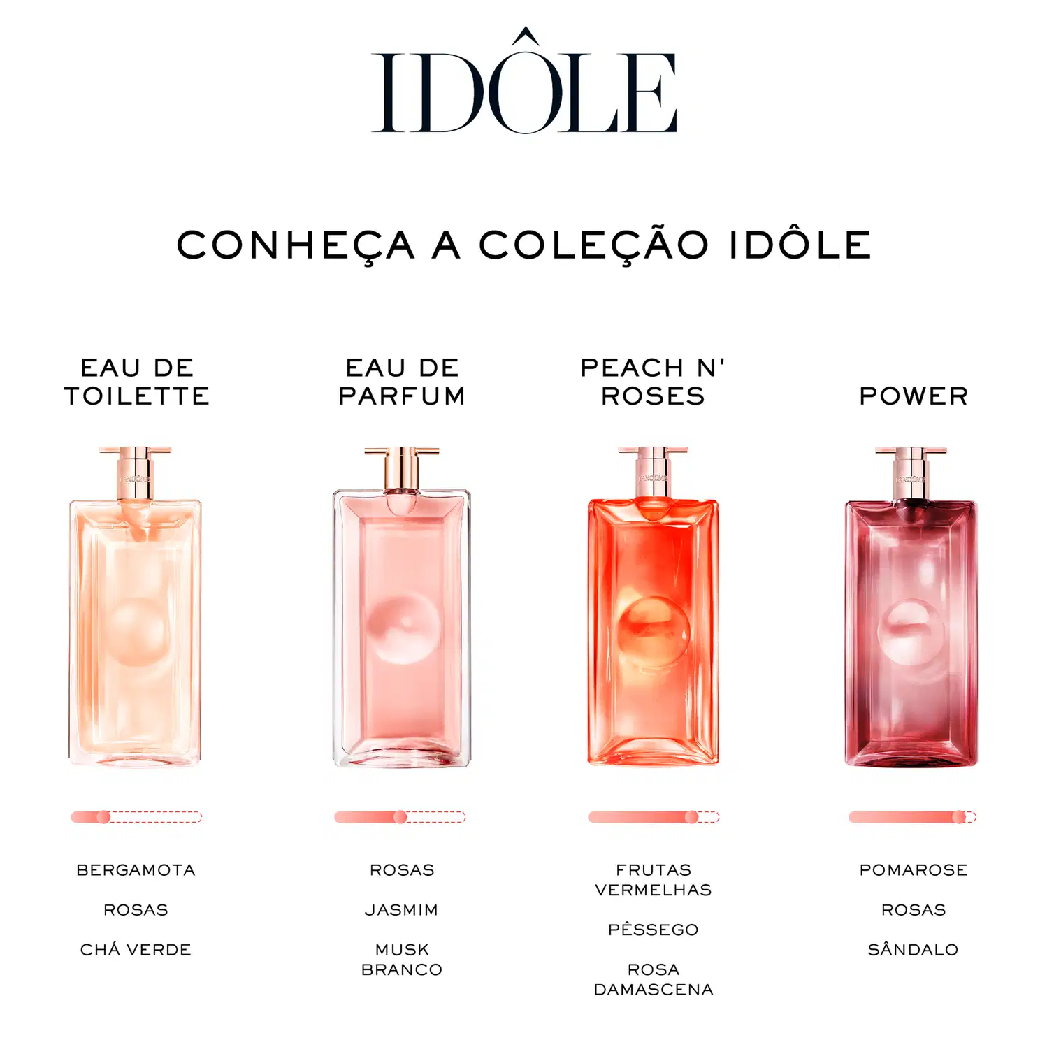 Coleção de itens de perfumaria da marca Idole, incluindo Eau de Toilette, Eau de Parfum, Peach n' Roses e Power, com informações sobre as fragrâncias e notas olfativas.