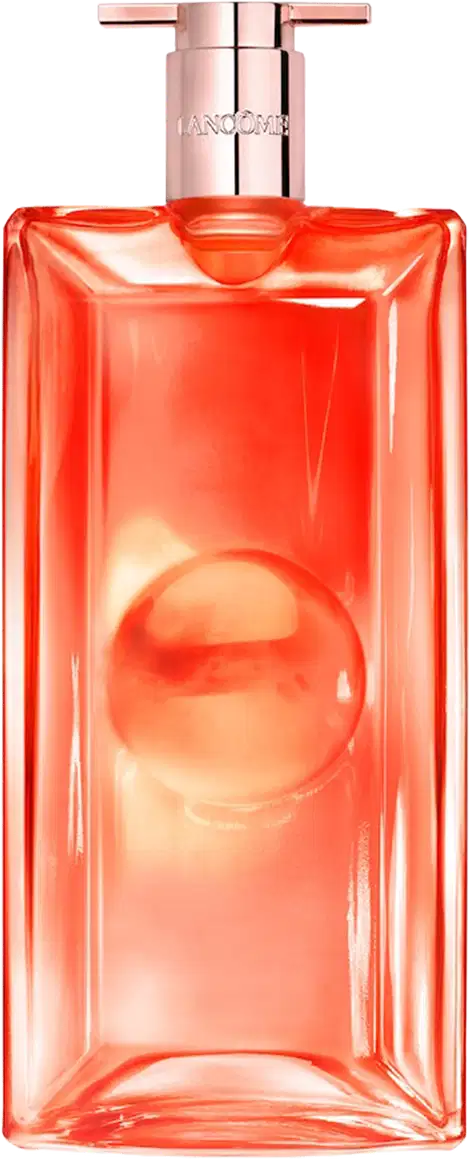 Frasco de perfume da marca Lancôme, com formato retangular e tampa rosada, em cor laranja vibrante.