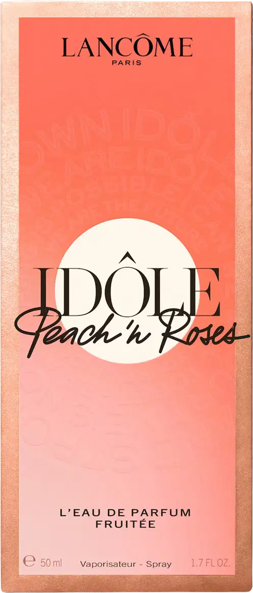 Formato de caixa retangular de cor laranja, com texto "Idole Peach'n Roses" em preto e branco.