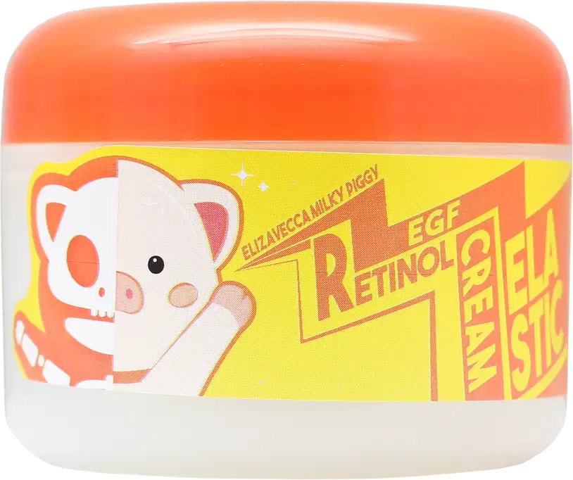 Frasco de creme facial da marca Elizavecca, com embalagem laranja e amarela, exibindo o texto "Retinol EGF", "Milky Piggy" e outros detalhes sobre o produto.