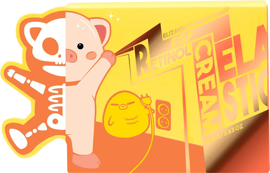 Caixa amarela com ilustração de personagem fofo e texto "Elizavecca Milky Piggy Real Cleansing Cream" em destaque.