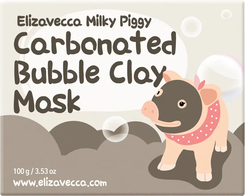 Caixa de máscara facial de argila efervescente Milky Piggy da Elizavecca, com embalagem branca e cinza e ilustração de um porquinho rosa. Contém 100g do produto.